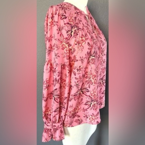 Loft Floral Ruffle Tie Neck Top Blossom Blouse Pink Floral Career and Casual - Picture 6 of 11